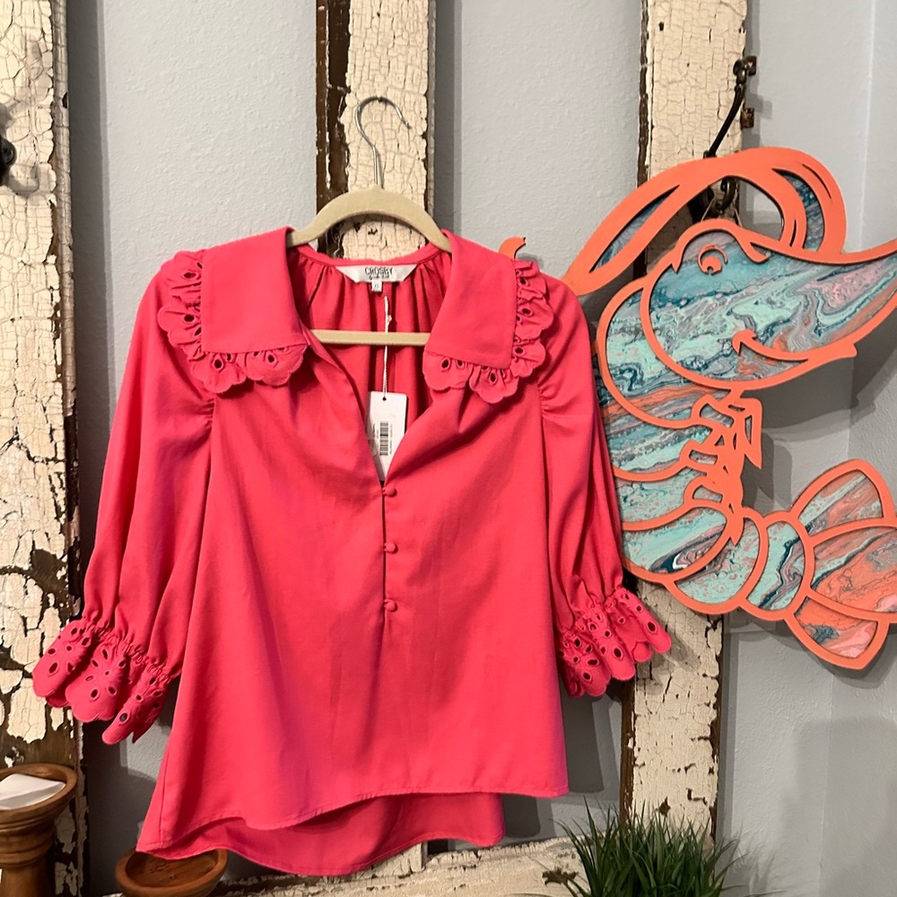 Crosby Pink Ruffled 3/4 Sleeve Blouse with Peter Pan Collar